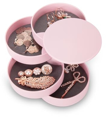 Inmorven Schmuckkästchen Damen Schmuckaufbewahrung Schmuckschatulle Damen Schmucktabletts 4 Ebenen Drehbar Schmuckdose für Ringe Ohrringe Halskette Geburtstag Geschenk Mädchen Frauen (Rosa, 10cm-Rund)
