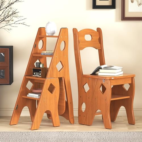 Nisorpa Foldable Ladder Chair,Step Stool,kitchen steps fold away,Display Rack Shoe Bench,Flower Stand,Bamboo Folding Stepladder Foot Stools for Adult and Children,4 Levels Climbing Levels
