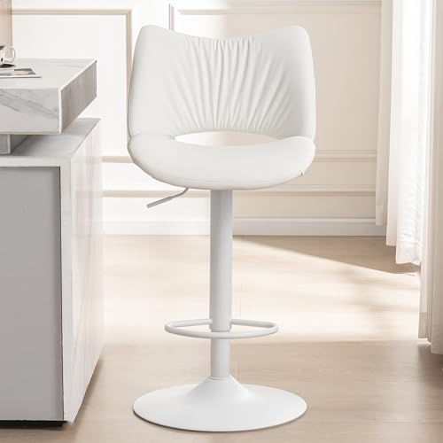 YOUNUOKE Single Bar Stool, Swivel Counter Height Barstool, White | PU Leather Kitchen Bar Stools with Open Back, Adjustable Modern Armless Breakfast Kitchen Stools, 136KG Support