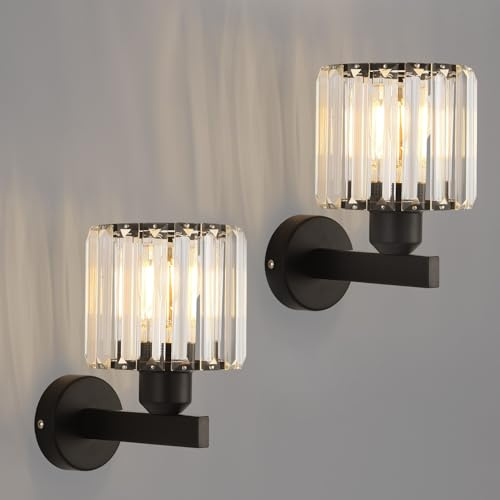 ANWIO Kristall Wandleuchte Schwarz, E27 Schlafzimmer Wandlampe, LED Kristall Wand Lampen Wohnzimmer Eingangsbereich, Glas Lampenschirm Schwarz für Korrido, Küche, Flur, Floyer, 2 Stück