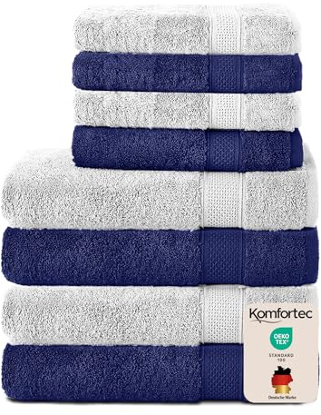 Komfortec 8er Handtücher Set, 4 Badetücher 70x140 cm & 4 Handtücher 50x100 cm, 100% Baumwolle Frottee, Flauschig und Saugstark,Navyblau/Weiss