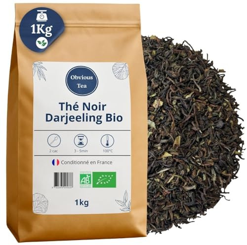 Ekologiskt Darjeeling svart te SFTGFOP1 lösbladste - Veganskt te, 100 % naturligt, GMO-fritt - Ekologiskt jordbruk - Förpackat i Frankrike - 1 kg påse (500 koppar)