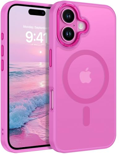 YINLAI Coque de protection magnétique transparente mate anti-chute pour iPhone 16 6,1 pouces compatible avec MagSafe Case iPhone 16 Rose fuchsia