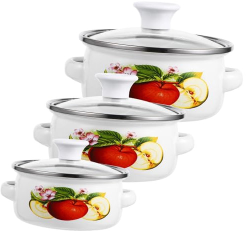 Mobestech 3pcs Enamel Mini Cooking Pot Stackable Double Handle Soup Pots Flat Bottom Design Random Patterns Milk Eggs Oatmeal and Instant Noodles
