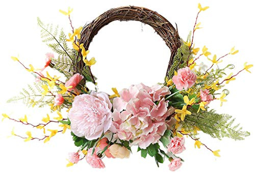 Corona artificial de flores de jazmín de invierno para puerta delantera, boda, coronas de Pascua para puerta delantera con huevos