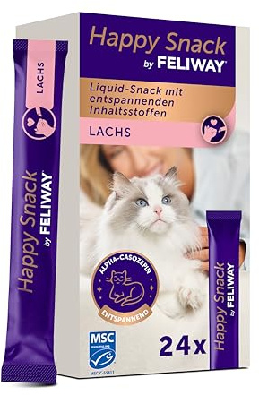 Happy Snack by FELIWAY - Friandises Apaisantes pour Chats - 24 Sticks X 15g | Boîte de 24 sticks, Goût Saumon, Aide à réduire le stress, Renforce le lien affectif, Texture crémeuse et gourmande