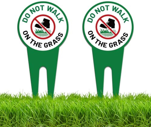 WEBEEDY Paquete de 2 letreros de aluminio con texto en inglés Do Not Walk on Grass Yard para patio, doble cara, resistentes a la intemperie, con estaca para jardín, césped, verde, 15 x 30 cm