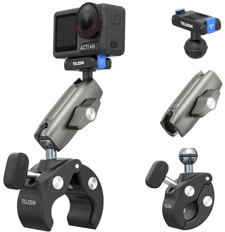 TELESIN Super-Klämmerhållare Cykel-/Motorcykelhållare för DJI Action 6 5 Pro/4/3/Osmo 360/Pocket 3 | Magnetiska Dual-Lock-Klämmer | 360° vridbar kulhuvud | Passar för 9–38 mm styrrör