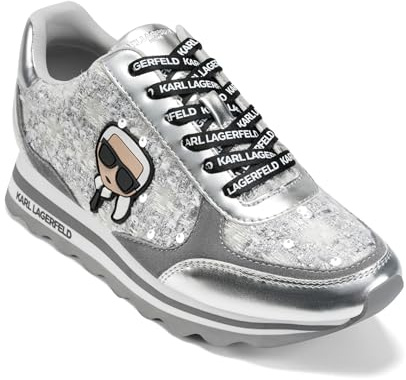 KARL LAGERFELD Women's Meade Lace Up Sneaker with Karl Head, Silver Sequins, 8