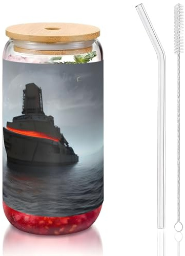 JIUTY Vasos gigantes con impresión de barco nuclear con tapas y popote de vidrio, 1 taza de vidrio de 16 onzas, vasos de café helado de cerveza