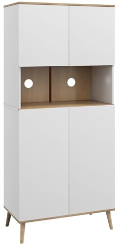 HOMCOM Alacena de Cocina Mueble Auxiliar de Cocina con 4 Puertas y Estantes Regulables Encimera para Microondas Patas de Madera Orificio para Cable Estilo Moderno 80x40x178 cm Blanco