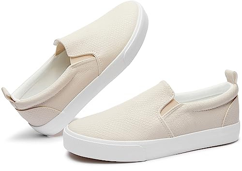 TUOPIN Womens Synthetic Leather Slip On Shoes,Padded Collar Slip on Sneakers for Women,Casual Loafers Walking Shoes(Taupe.US09.5)