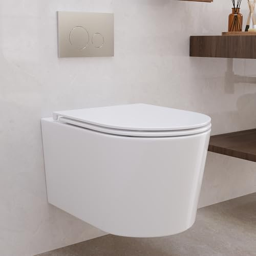 DeerValley Wall Hung Toilet, Rimless Dual Flush 1.1/1.6 GPF, Bathroom WC Cloakroom Ceramic Toilets, Wall Mounted Elongated Bowl WC, Low Noise White 53cm Long