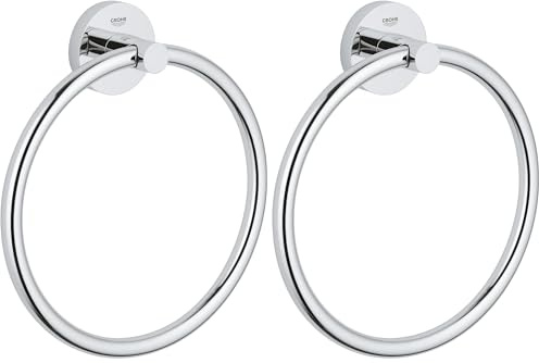 GROHE Start, Handtuchring ohne Bohren (Handtuchhalter rund, zum Kleben oder Bohren, inkl. Schrauben & Dübel, ohne Kleber, 5kg belastbar, verdeckte Befestigung), rund, Chrom, 41174000 (Packung mit 2)