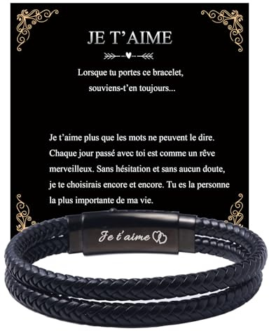Juozyve Je t'aime Homme Bracelet Noir : Hommes Cadeau Bracelet Cuir Noir Adjustable 19-23cm Amitié Porte-bonheur Bijoux Homme Cadeau Anniversaire Saint-Valentin Noël Fête des Pères