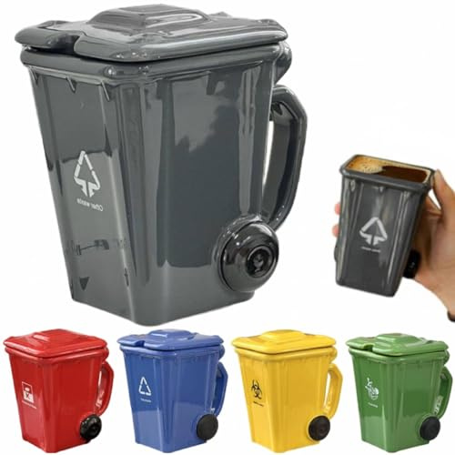 Wheelie Bin-Themed Funny Mugs, 400mL Trash Can Shaped Ceramic Coffee Cup, 5 Colors, Design-Led Personalised Mug - Novelty Gifts for Home & Office（without Spoon） (Gray)