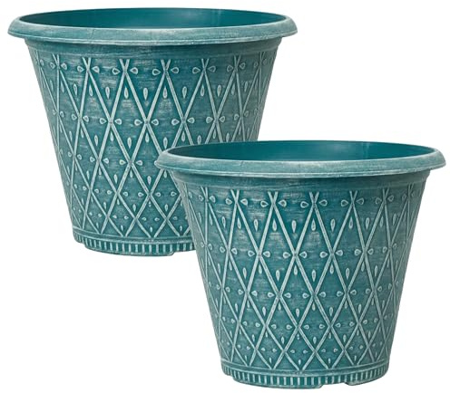 Fyne-Finds Set of 2 Round Teal Green Plastic 30cm, 12inch Plant Pot 9.5Liters Garden Outdoor Decor Cover Planter Weather Proof Drainage Holes
