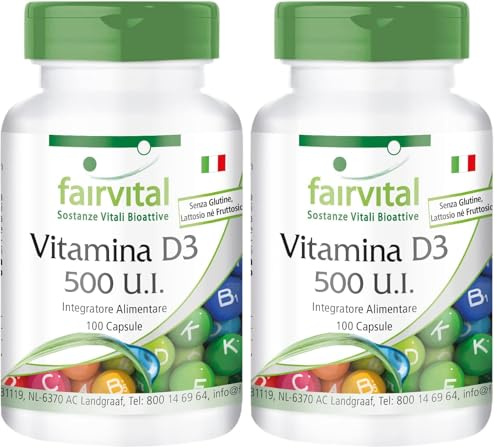 fairvital Vitamina D3 500 UI, 100 capsule, facili da deglutire, colecalciferolo (Confezione da 2)