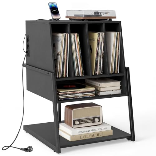 COSTWAY Supporto per Giradischi, Mobile Porta Giradischi con 4 Scomparti e Ripiani Aperti, Scaffale per Dischi in Legno con Ruote e Piedini Regolabili (Nero, Con Presa di Corrente)