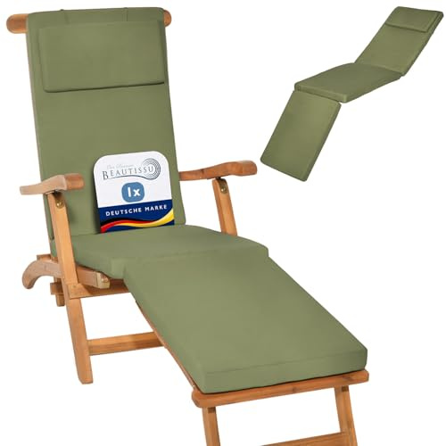 Beautissu Luxus Deckchair Auflage Sonnenliege mit abnehmbarem Bezug Polster | 175x45x5cm Olivgrün Polsterauflage für Liegestuhl Gartenliege Liegenauflage Gartenmöbel Kissen Abnehmbar dick LoftLux DC