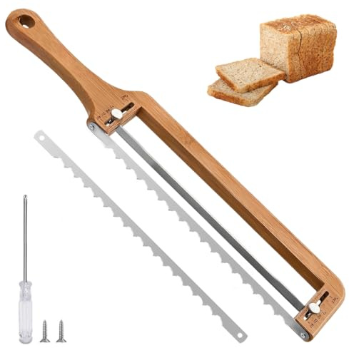 LHYNEE Coupe pain pour pain maison couteau à pain au levain en bois | avec guide d’épaisseur, coupe-pain réglable en arc pour cuisine, sandwiches, bagels et baguettes