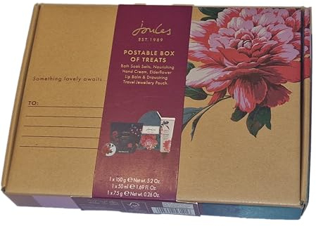 Joules Postable Box of Treats, Bath Soak Salts, 150g, Nourishing Hand Cream, 50ml, Elderflower Lip Balm, 7.5g, & Drawstring Travel Jewellery Pouch