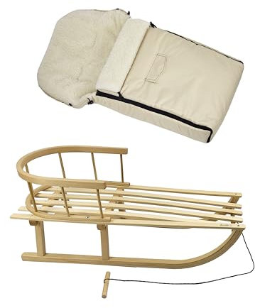 BambiniWelt by Rafael K. Kombi-Angebot Holz-Schlitten mit Rückenlehne & Zugseil + universaler Winterfußsack (90cm), auch geeignet für Babyschale, Kinderwagen, Buggy, aus Wolle Uni (beige)
