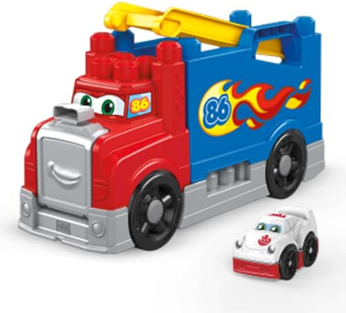 MEGA BLOKS Fisher-Price Toddler Blocks Race Car Building Toy, Build & Race Rig with 16 Pieces, 5 Sounds and Race Track, Red, Kids Age 1+ Years, FVJ01