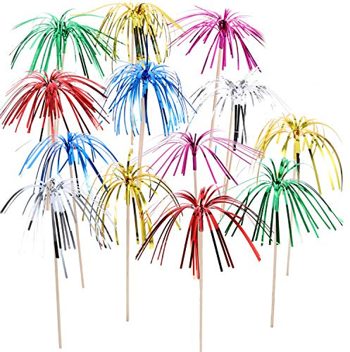 Tecunite 100 Pcs Foil Firework Cupcake Toppers Sparkle Tinsel Cupcake Picks 9 Inch Happy Birthday Cake Toppers Drink Cocktail Picks Stirrers for Christmas Baby Shower Birthday Party Decors Supplies