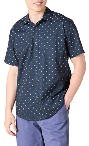 Amazon Essentials Men's Short-Sleeve Button-Down Print Shirt, Navy White Anchor Print, Large