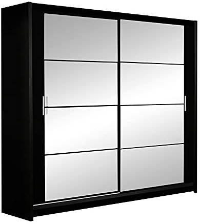 Furniture24 Kleiderschrank Dakota 160 Schlafzimmer 2 Türiger Schwebetürenschrank Schrank mit Kleiderstange 4 Einlegeboden und Spiegel Schwarz Schiebetür
