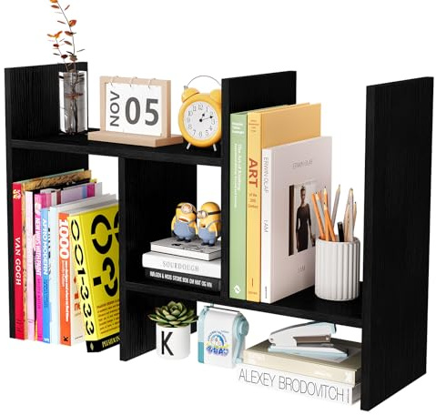 EasyPAG Wood Desktop Bookshelf Adjustable Desk Shelves Freestanding Home and Office Supplies Storage Display Shelf Desk Tidy Organiser,Black