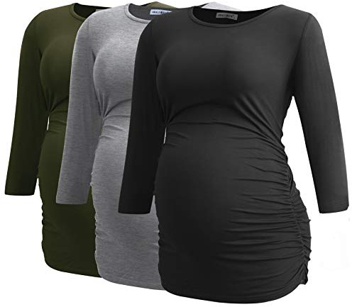 Smallshow Haut de Maternité pour Femmes Lot de 3 Vêtements de Grossesse à Manches froncées 3/4,Black/Grey/Army Green,XL