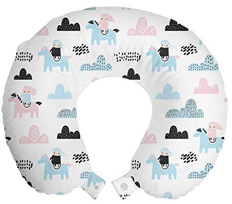 ABAKUHAUS Asilo Cuscino da Viaggio, Bambina sulla Pony Nuvole, Accessorio in Schiuma di Memoria per Viaggio, perfetto per Auto Aereo Ufficio e Domestico, 30x30 cm, Bambino Blu Rosa Bianco