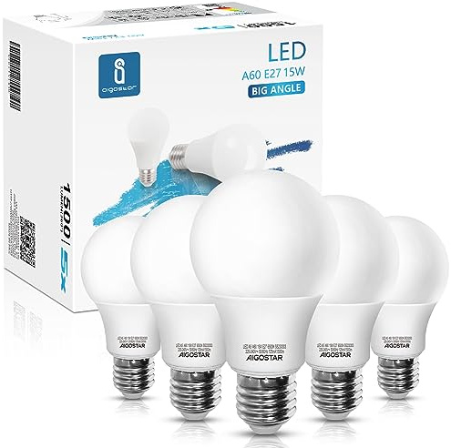 Aigostar - 15W Bombilla LED A60, casquillo gordo E27, luz blanca fría 6500K, 1500 lúmenes, ángulo de apertura 280º, CRI> 80. No regulable. Caja de 5 unidades