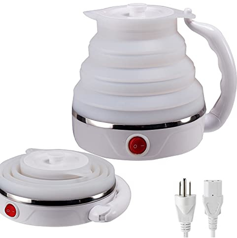 T-magitic Travel Kettle, Fordable Electric kettle, Collapsible Kettle Dual Voltage,boil water, with make tea coffee,Food Grade Silicone Small Electric Kettle（600ML,110V/220V ） (White)