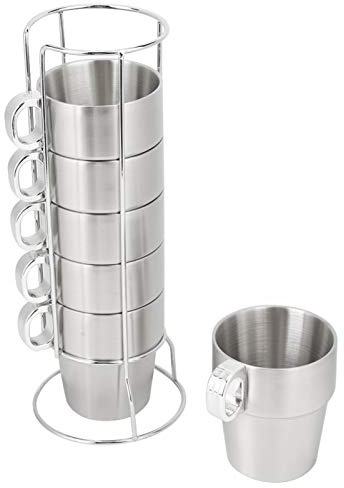 Juego de tazas apilables, juego de tazas de café de agua apilable de acero inoxidable antiescaldamiento de doble capa con soporte para portavasos
