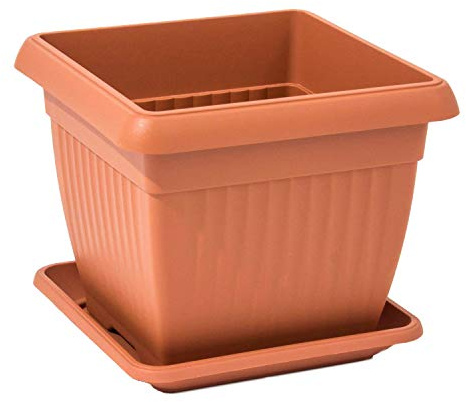 Pot de fleurs carré avec soucoupe - Structure en terre cuite - Marron - 24 x 24 x 20 cm