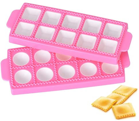 Mould for round ravioli, 2 pieces ravioli mould made of plastic, ravioli moulds (round + square), with 1 wooden rolling pin for baking pizza, clay, pasta, biscuits, gnocchi, tortelini mouth pockets