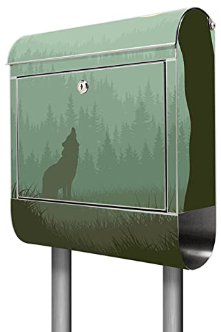 banjado® Briefkasten mit Standfuß Motiv Heulender Wolf - Stand Briefkasten Edelstahl mit Zeitungsfach - Postbox/Postkasten A4 Einwurf inkl. Montagematerial & 2 Schlüssel