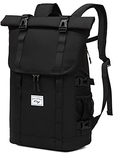 Kasgo Rolltop Rucksack, Fahrradrucksack Damen Herren 15,6 Zoll Laptoprucksack Gross Wasserabweisend Diebstahlsicher Cityrucksack Teenager mit Laptopfach für Arbeit Reise Schule 33L Schwarz