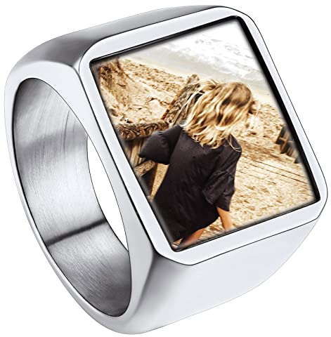 ChainsHouse DIY Personalisierter Fingerring Siegelring mit Bild Text Gravur Damen Herren Quadrat Bandring Fingerring mit Geschenkebox für Freundin Freunden