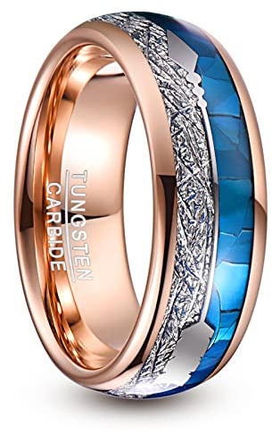 NUNCAD Rose Gold Arrow Tungsten Ring for Men Women 8mm Dome Wedding Band with Blue Shell Inlay Size L 1/2