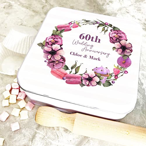 Fingerprint Designs Square Pink Macarons Floral 60th Wedding Anniversary Personalised Cake Tin