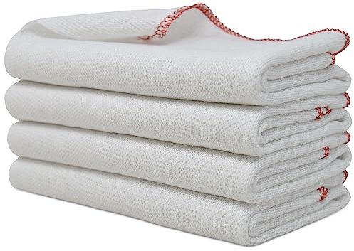 Towelogy Jumbo Dish Cloths for Washing Up | Cotton Set of 4-38 x 45cm (White/Red Edges)