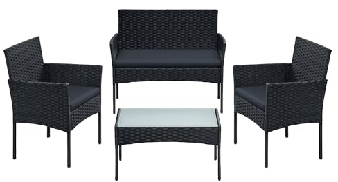 SONGMICS 4-Piece Garden Furniture Set, PE Rattan Conversation Sets | Outdoor Conversation Sets Lounge Furniture with Table and 2 Chairs, Loveseat, for Patio Balcony, Black and Grey GGF004B66
