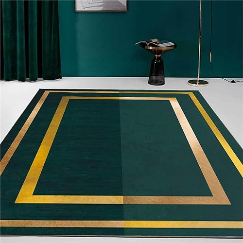 Grüner Retro-Teppich, nordischer abstrakter geometrischer Goldbordüre, rutschfester Kinderteppich, maschinenwaschbar, atmungsaktiv, langlebig, Teppich für den Eingangsbereich, Bodendekoration, 120 x