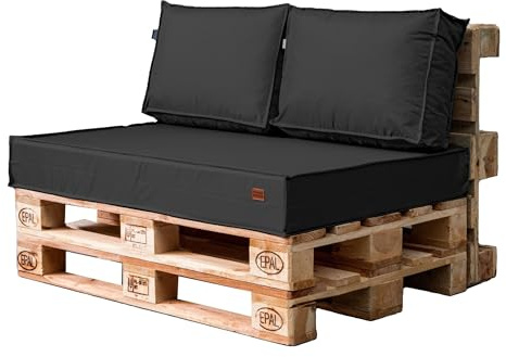 GoldenGroup Gartenset Kissen für Palettenmöbel Graphit - Strapazierfähiges Gewebe - Palettenkissen Set Gefüllt mit Schaumgranulat und Schaumstoff - 120x65x15 Sitzkissen - 120x40x10 Rückenkissen