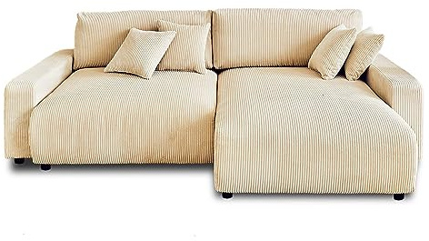 Lisa Design Pivoine – Ecksofa beidseitig montierbar– 4-Sitzer– Schlaffunktion mit Bettkasten – aus Cord Beige