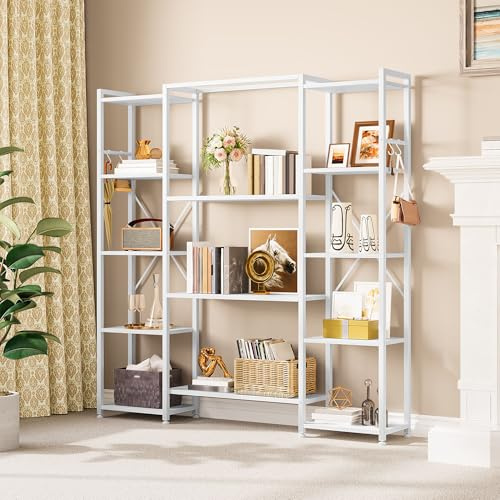 YITAHOME Bücherregal, industrielles mit 13 Regalen, Standregal aus Holz und Metallrahmen, Präsentationsregal für Wohnzimmer, Heimbüro, Reinweiß